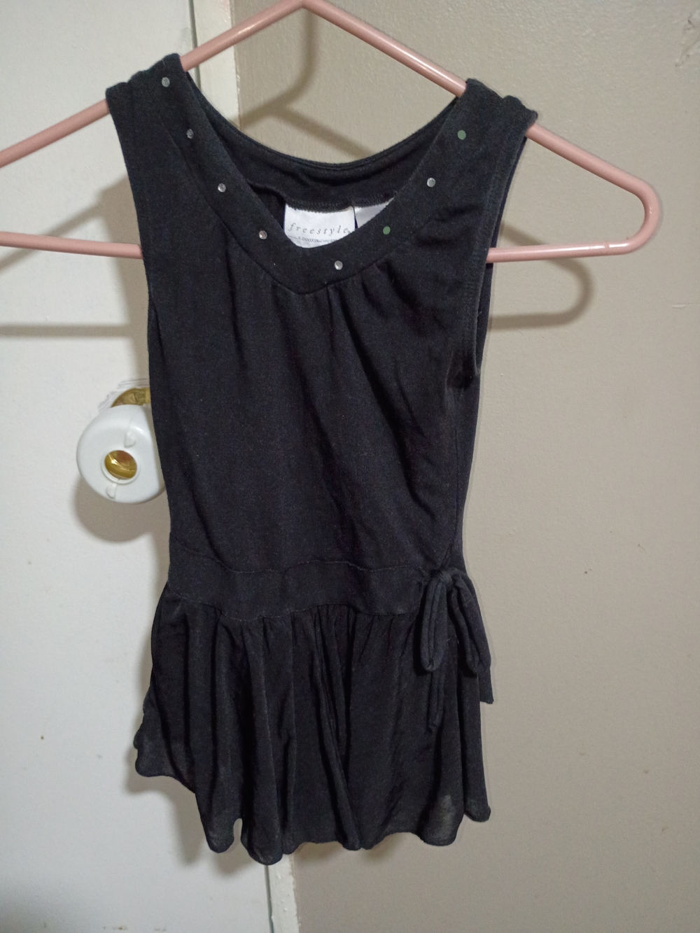 Freestyle Black Sleeveless Dance Leotard with Side Tie and Stud Accents